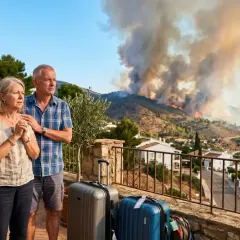 Besorgtes Paar mit Koffern blickt auf Waldbrand. Sie fragen sich, wie lange vor Reiseantritt sie kostenlos stornieren können.