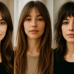 Tres retratos de mujer mostrando diferentes tipos de flequillo: liso, desfilado y con capas.