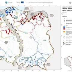 Mapa przedstawia obszary wodne w Polsce, które są rezerwatami przyrody dla gatunków zwierząt wodnych.