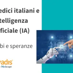 Medici italiani e intelligenza artificiale in medicina: un'immagine che simboleggia la collaborazione tra mano umana e robotica, con il logo Univadis.