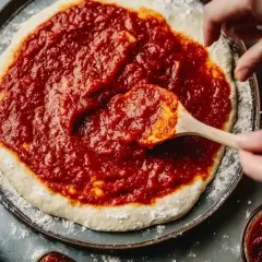 En pizza med tomatsås som breds ut med en träsked. Ett enkelt tomatsås recept för hemmabruk.