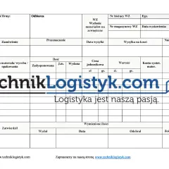 Formularz WZ (wydanie zewnętrzne) z danymi firmy TechnikLogistyk.com. Zawiera pola na dane odbiorcy, materiału, ilości, ceny i kosztów wysyłki.