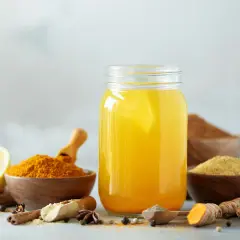 Ein Glas mit gelbem Getränk, daneben Schalen mit Kurkuma Pulver, Ingwer und Gewürzen. Perfekt zum Kurkuma Pulver trinken.