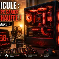 Un PC gamer rougeoyant surchauffe. Un thermomètre affiche 38°C. Conseils pour l'entretien de votre PC gamer en cas de canicule.
