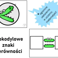 Grafika przedstawia zielone krokodyle symbolizujące znaki nierówności (<, >) oraz tekst "Krokodylowe znaki nierówności".
