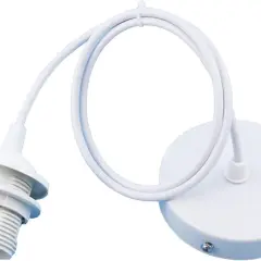 Biały zestaw akcesoriów do żyrandoli: oprawka E27, biały kabel i okrągła podsufitka.