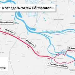 Mapa trasy 12. Nocnego Wrocław Półmaratonu z zaznaczonym startem (S) i metą (M).