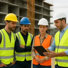 Équipe d'ingénieurs discutant sur un ged chantier, casques et gilets de sécurité, tablette à la main.