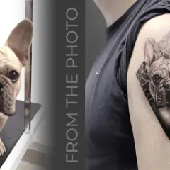 Tatuaż buldog francuski na ramieniu, obok zdjęcie żywego buldoga.
