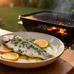 Poisson entier prêt pour le barbecue, baignant dans une marinade savoureuse avec des rondelles d'orange et des herbes. Le gril rougeoie en arrière-plan.