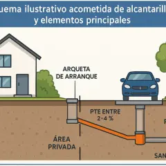 Ilustración de las instalaciones de saneamiento de una vivienda, mostrando la arqueta de arranque, la tubería con pendiente y la conexión a la red pública.