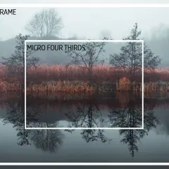 Full frame vs. Micro Four Thirds sensor comparison, showing how the MFT crop factor zooms in on a misty landscape with reflections.