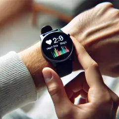 Dłoń z nowoczesnym smartwatchem monitorującym tętno i kroki. Czy smartwatch jest szkodliwy dla zdrowia? Urządzenie pokazuje dane, ale nie ma dowodów na jego negatywny wpływ.