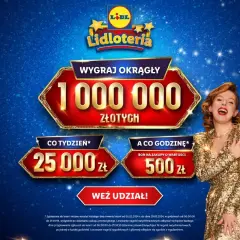 Szczęśliwa kobieta w złotej sukience cieszy się z wygranej w Lidloteria. Czy ktoś wygrał 1 000 000 zł?