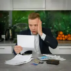 Zmartwiony mężczyzna z dokumentami i kalkulatorem. Czy umowa zlecenie chroni przed komornikiem?