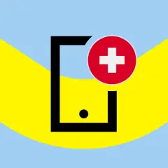 Symbol telefonu z czerwonym kółkiem i białym krzyżem, na tle falujących pasów żółtego i błękitnego. Idealny do opisu roamingu w UE.