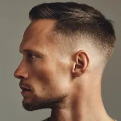 Profil eines Mannes mit kurz geschnittenen, braunen Haaren. Die Haare sind am Ansatz platt, gehen aber nach oben hin in Volumen über.