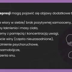 Ilustracja przedstawia sylwetkę osoby skulonej, symbolizującą depresję, z wypisanymi objawami.