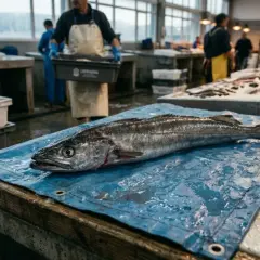 Un gran pez yace sobre un mantel azul en una lonja. Hombres con delantales trabajan en el fondo, rodeados de cajas y pescado fresco. La escena evoca la actividad de la enmalle pesca.