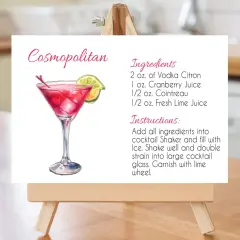 Przepis na drinka Cosmopolitan: ilustracja koktajlu z limonką i listą składników. Idealny na wieczór w stylu cosmopolitan.