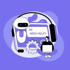Robot z nagłówkiem "Hi! Need help?" i człowiek przy laptopie. To ilustracja pokazująca, gemini co to jest – inteligentny asystent.