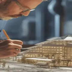 Architekt z ołówkiem pracuje nad modelem budynku.