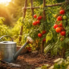 Sonnenbeschienene Tomatenpflanzen mit reifen Früchten, Gießkanne und Schaufel im Garten. Tomaten selber pflanzen macht Freude!