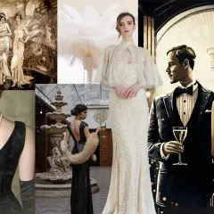 Elegant damer och herrar i 1920-tals kläder, med pärlhalsband, paljettklänningar och flugor. En tidlös stil som andas glamour.