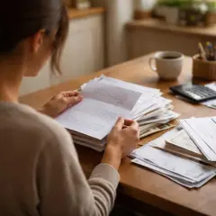 Une femme examine des documents, peut-être des factures ou des relevés, sur une table en bois. Une pile de papiers, une calculatrice et une tasse de café sont visibles. Elle semble préoccupée par la situation financière, craignant un possible forclos.