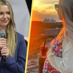 Andrzej Wierzbicki z żoną i dziećmi cieszy się zachodem słońca. Kobieta w ciąży z drinkiem na plaży.