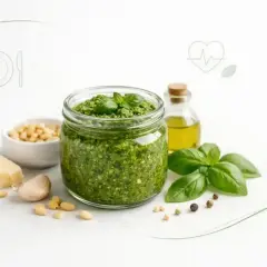 Słoik domowego pesto, składniki: bazylia, orzeszki piniowe, czosnek, parmezan, oliwa. Czy pesto jest zdrowe? Tak, to bogactwo witamin i zdrowych tłuszczów.
