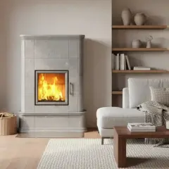 Ein gemütlicher Wohnraum mit einem gemauerten Kamin, in dem ein Feuer lodert. Daneben ein Korb mit Holzscheiten und ein Sofa mit Kissen und Decke.