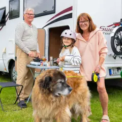 Familjen njuter av att campa med hund vid husbilen. En flicka med hjälm, en man som lagar mat och en kvinna med koppel till hunden.
