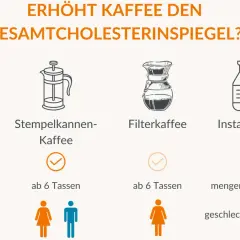 Filterkaffee beeinflusst den Cholesterinspiegel weniger als andere Kaffeearten. Die Grafik zeigt, wie verschiedene Zubereitungen wirken.