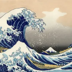 Berühmte Gemälde: Eine riesige Welle bricht über Boote, während der Berg Fuji in der Ferne sichtbar ist.