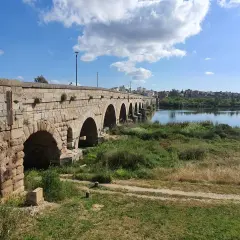 Puente romano de piedra con arcos sobre un río, bordeado de vegetación. Un camino de tierra serpentea por la orilla, evocando la antigua **Vía de la Plata**.