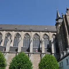 Der Altenberger Dom ragt mit seinen gotischen Fenstern und steinernen Mauern in den blauen Himmel. Grüne Bäume säumen das imposante Bauwerk.