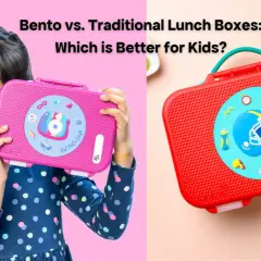 A girl holds a pink bento box with camera graphics. A red lunch box with a football helmet is beside it. Bento vs. lunch box comparison.