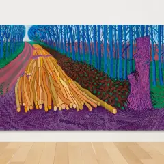 A contemporary landscape painting depicts a vibrant forest scene with a winding path, stacked logs, and a striking purple tree stump.