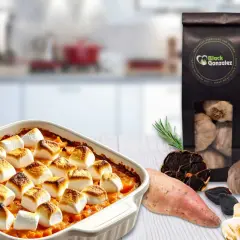 Süßkartoffelauflauf mit Marshmallows und schwarzem Knoblauch. Entdecken Sie neue schwarzer Knoblauch Rezepte!