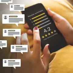 Dłoń trzymająca smartfon z oceną 4.2 i gwiazdkami, otoczona dymkami z opiniami.