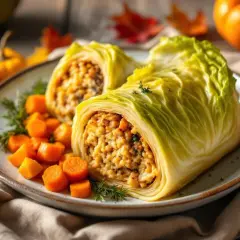 Deux roulés de chou farci, garniture savoureuse, servis avec des dés de carottes et des herbes. Une belle idée pour une recette chou farci d'automne.