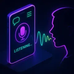 Aplikacja Gemini słucha Twoich poleceń. Neonowy profil głowy mówi, a fala dźwiękowa dociera do telefonu z ikoną mikrofonu.