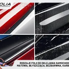 Przykłady folii na auto: czerwono-białe pasy, karbon, czarny połysk i matowy karbon. Różne kolory i faktury do oklejania aut.