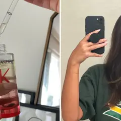 Duda sobre Kerastase opiniones negativas. Una mano sostiene un frasco de serum capilar Kérastase, mientras otra se toma un selfie con cabello largo y oscuro.