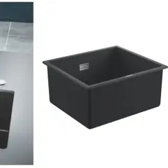 Nowoczesny, czarny zlew pod blatem, idealny do każdej kuchni. Obok schemat techniczny z wymiarami.