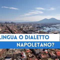 Panorama di Napoli con il Vesuvio sullo sfondo. Testo: "Lingua o dialetto napoletano?".