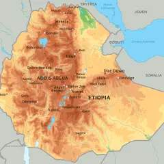 Mapa polityczna Etiopii z zaznaczonymi miastami i sąsiadującymi krajami, pokazująca gdzie leży Etiopia.