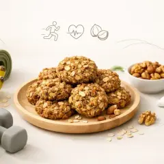 Zdrowe ciastka owsiane z bananem i jajkiem, idealne po treningu. Obok smoothie, orzechy i sprzęt sportowy.