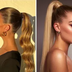 Coleta alta invitada boda: dos estilos pulidos y elegantes, uno con ondas suaves y otro liso y brillante.